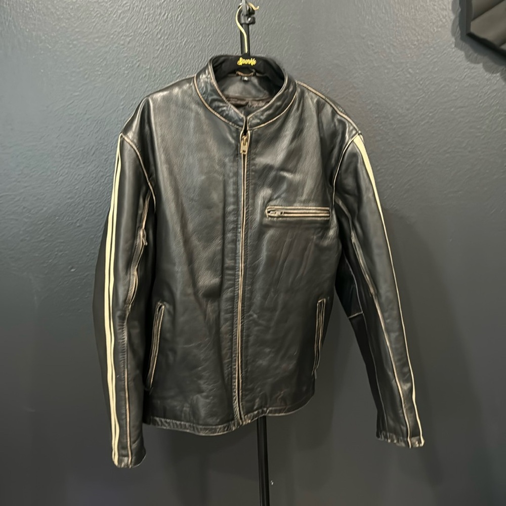 XElement Leather Motorcycle Jacket with striped sleeves. XL.